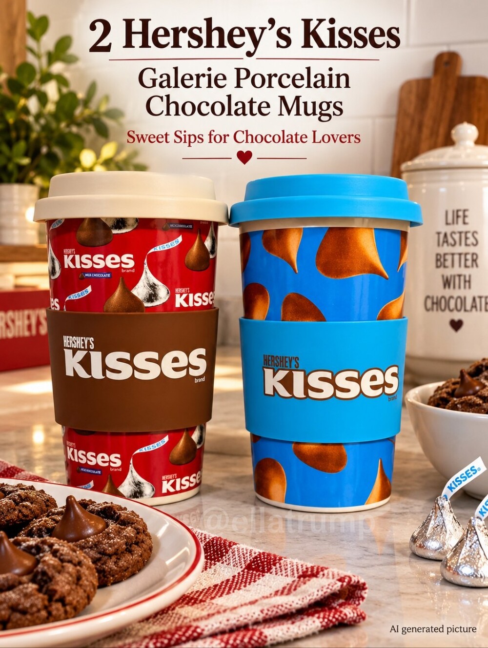 2 Hershey's Kisses Galerie Porcelain Christmas Holiday Chocolate Mugs
